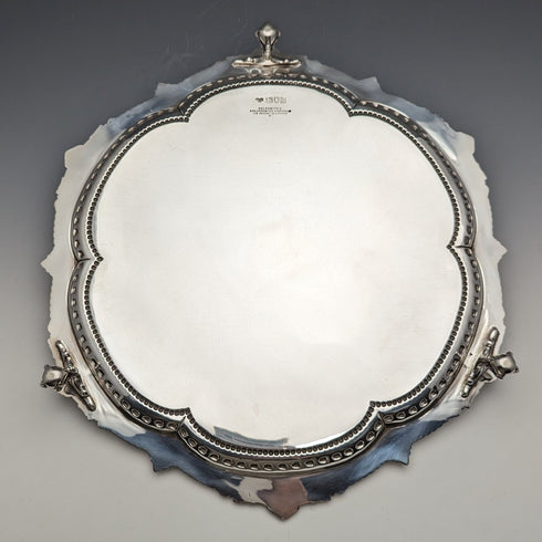1903年 英国アンティーク 純銀製サルヴァ トレイ 直径32cm 824g GOLDSMITHS & SILVERSMITHS